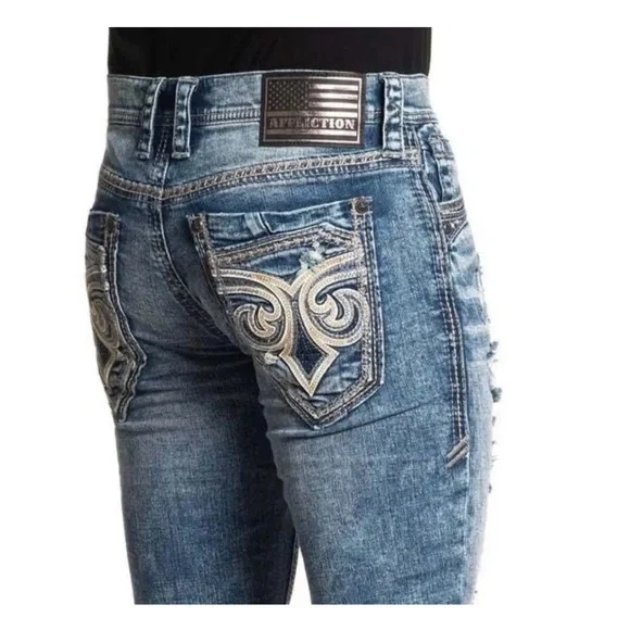 Affliction Men's Denim Jeans Gage Peak Groves Embroidered Blue $135 - Picture 4 of 9
